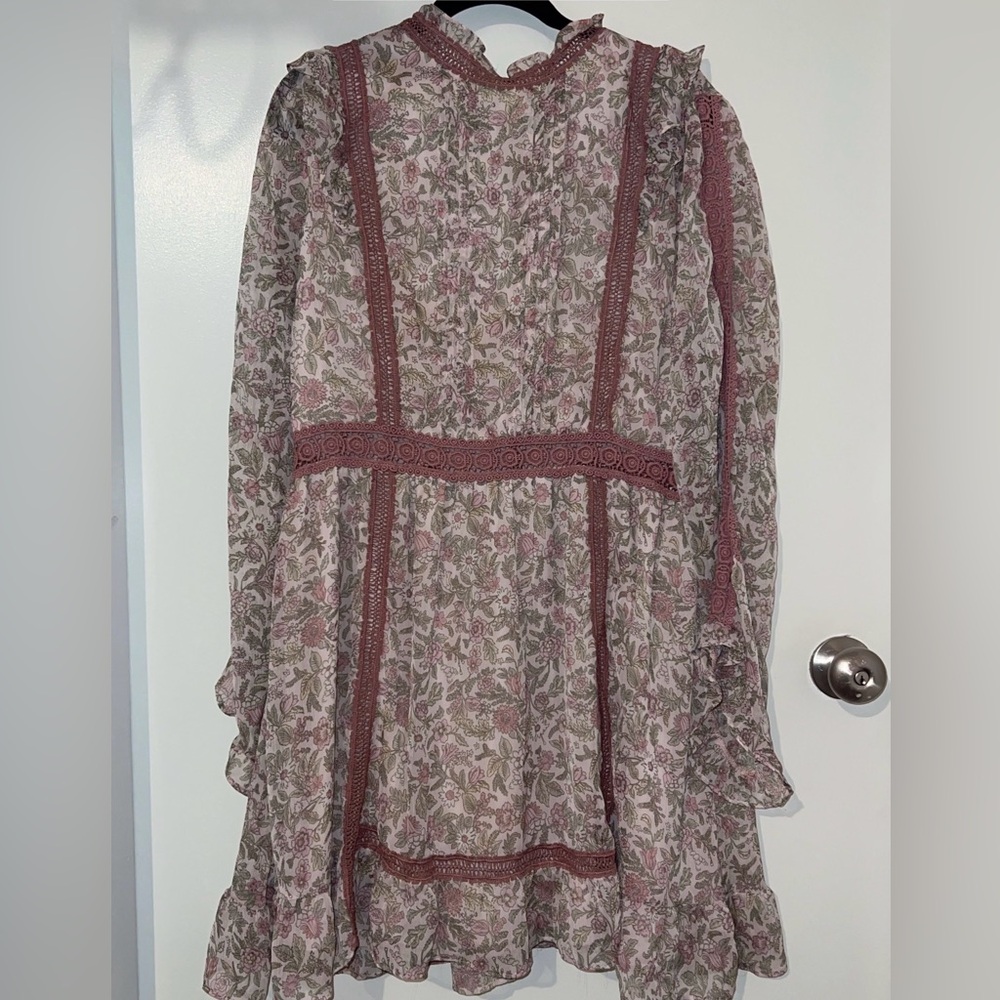 TOPSHOP Dress Pink Floral Chiffon Lace Trim Long Sleeve Ruffle - Size 14